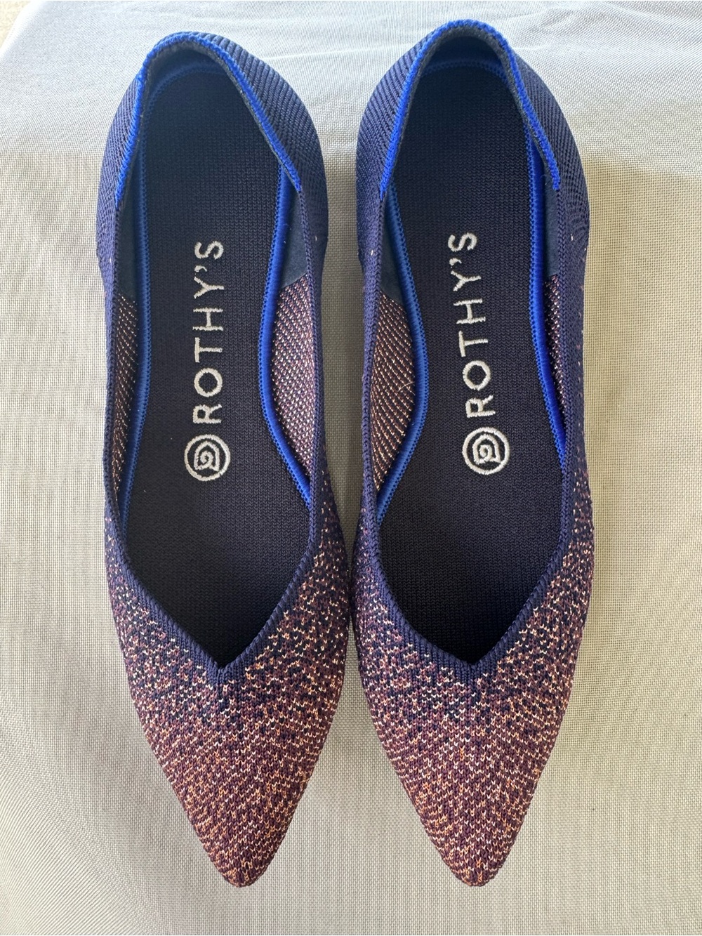 Rothy's The Point Knit Blue & Rose Gold Knit Pointed Toe Flats size 7